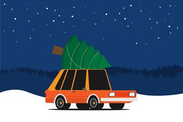 Flat vector car driven by the Christmas tree.