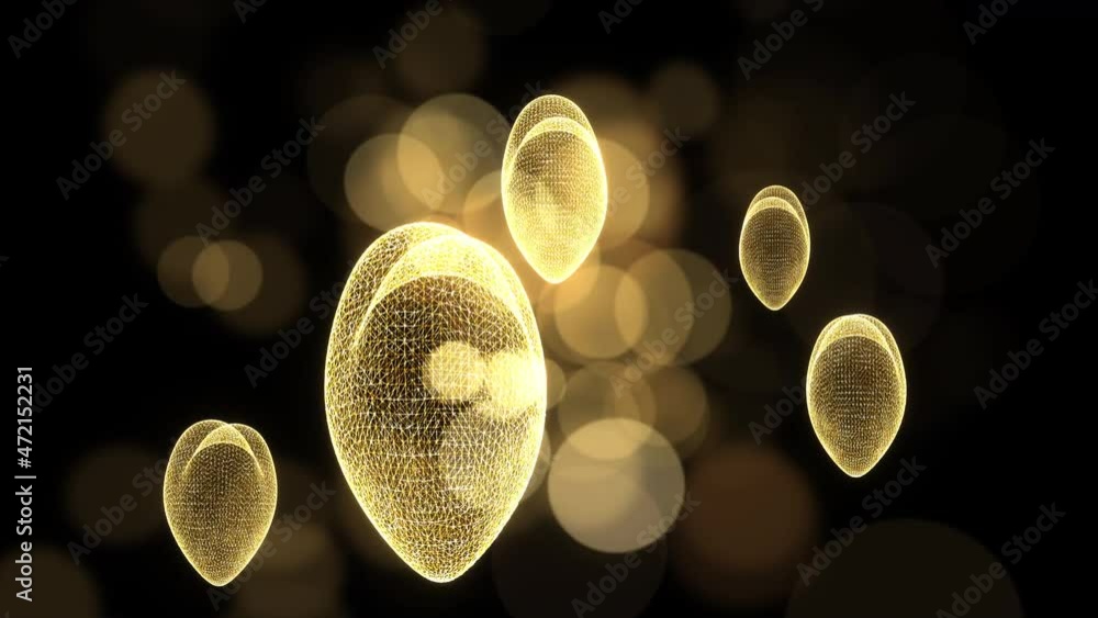 Poster romantic valentine's day animation with many glow hearts rotate with gold bokeh on black background.