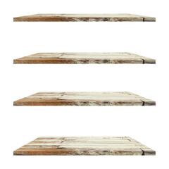 4 old wood shelves table isolated on white background and display montage for product.
