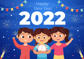 Naklejka premium Happy New Year 2022 Template Flat Design Illustration with Ribbons and Confetti on a Colorful Background for Poster, Brochure or Banner