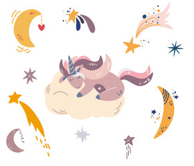 Obraz na płótnie Canvas Unicorn sleeps on a cloud. Set of different months of stars and moon. Sweet Dreams. Animal fairy character. Perfect for invitations,children books, fashion,banner. Vector cartoon illustration