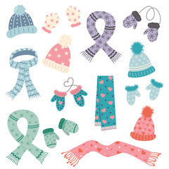 Set of scarfs, mittens, gloves and hats. Cute winter warm knitted clothes. Accessories with different ornament.
