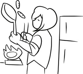 朝食を作る女性 白黒