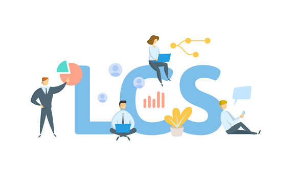 LCS, Least Cost Selection. Concept with keyword, people and icons. Flat vector illustration. Isolated on white.