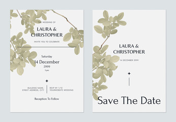 Foliage wedding invitation card template design, green lignum vitae leaves on grey
