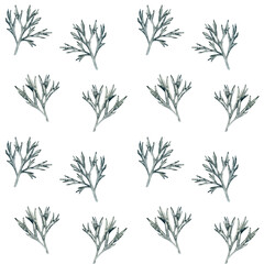 Gray twigs Seamless watercolor pattern isolated on white background. Hand-drawn botanical background. Texture for fabric, paper, packaging.