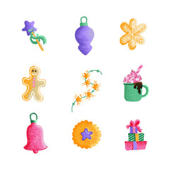 Collection of hand-drawn Christmas elements in doodle style. Magic wand, cookies, Christmas toy, bell, cup of hot chocolate, garland with stars, ginger man, gifts. Christmas decor.