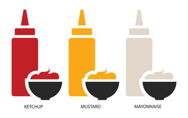 A set of sauces icons. Three main types of sauce. Ketchup, mayonnaise and mustard. Vector illustration isolated on a white background for design and web.
