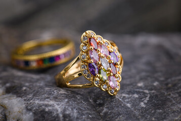 Gemstone jewelry golden ring.