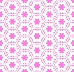Seamless pink hexagons and flowers pattern. Abstract floral texture.