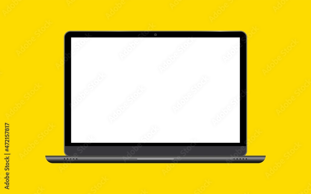 Poster computer notebook with empty screen. realistic laptop incline 90 degree isolated on yellow backgroun