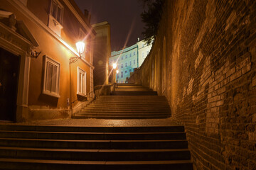Romantic alley leading to the castle, city at night