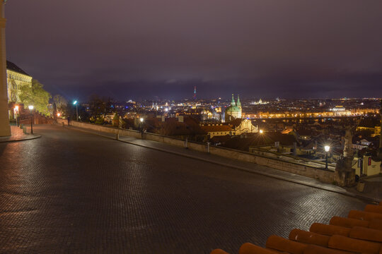 Panorama of urban landscape at night, street with city view