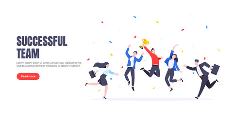 Happy business team employee winners award ceremony flat style design vector illustration. Employee recognition and best worker competition award team celebrating victory winner business concept.