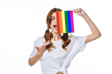 woman with lgbt flag transgender community light background