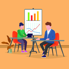 Two people discuss about business development in a meeting room. Business. Industry. Presentation. End year presentation. Vector colorful illustration. Vector colorful illustration.