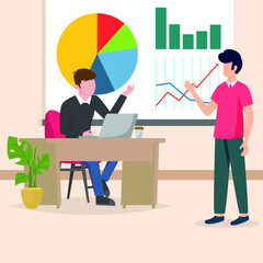 Boss criticizes presentation from his staff about business development in a meeting. Business. Industry. End year presentation.  Vector colorful illustration.