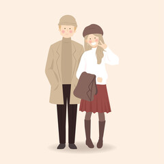 Cute Couple in fall autumn outfit taking photo and pose with peace sign