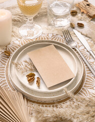Wedding Table place with Blank paper card and bohemian decorations