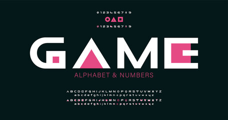 Modern minimal alphabet with pink geometric spots, circle, square, triangle, font, type for futuristic logo, headline, creative lettering and maxi typography. © Pro_Vector