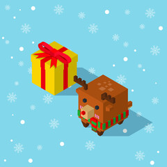 reindeer rudolf cubic isometric wear green and read pattern scarf with present box on falling snow flake blue background