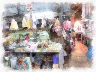 Fresh produce in a fresh market in Bangkok watercolor style illustration impressionist painting.