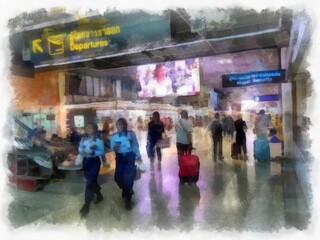 the interior of the airport watercolor style illustration impressionist painting.