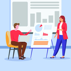 Female explain about his self in interview to recruiter in a meeting process. Business. Industry. End year presentation. Presentation. Vector colorful illustration.