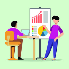 Male presentation to his boss about work progress in a meeting. Business. Industry. Work. End year presentation. Presentation.  Vector colorful illustration.