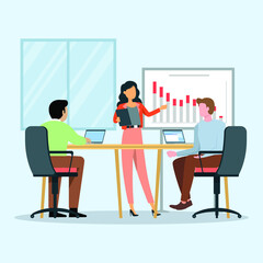 Female presentation about business target in front her boss while discussing about her program. Business. Work. Industry. End year presentation.  Presentation. Vector colorful illustration.