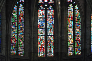 Bordeaux, France - 7 Nov, 2021: Stained glass windows in the of Cathedrale Saint Andre (St. Andrews Cathedral), Bordeaux, Gironde, Aquitaine, France