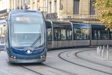 Bordeaux, France - 7 Nov, 2021: Public transport tram system in Bordeaux city centre, France, Europe