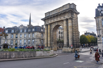 Bordeaux, France - 8 Nov, 2021: Port du Bourgogne, Landmark Roman-style stone arch built in the 1750s as a symbolic gateway to the city