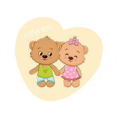 Cute teddy bears with heart on a white background.
Love. Valentine's Day card.