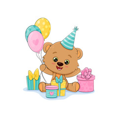 Birthday card with teddy bear and gift boxes