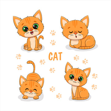 Set of cute cartoon red kitten on a white background. Collection of cats