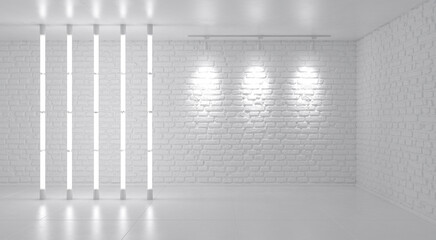 Abstract bright minimalistic background scene. White room with vertical neon lights and empty space for text. 3d render.