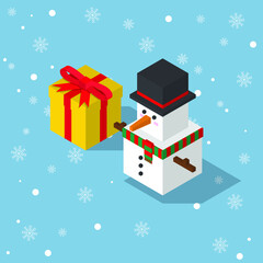 snowman cubic isometric wear green and read pattern scarf with present box on falling snow flake blue background