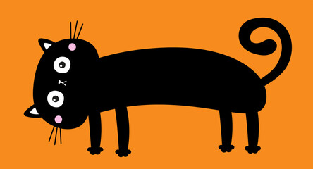 Black cat. Cute kawaii cartoon baby pet character. Happy Halloween. Cute kitten head face looking up. Long body. Greeting card print. Flat design. Orange background. Isolated.