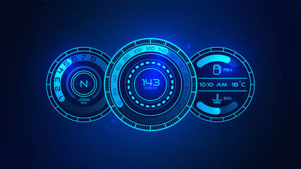 Futuristic HUD car speedometer. Vector scale of level gasoline, vehicle tachometer, car speedometer. Modern neon digital set of the isolated dashboard. Measuring speed, rpm technology illustration.