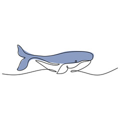 Continuous one line of blue whale poster for wallpaper isolated on white background.