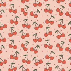 Cherry hearts vector doodle seamless pattern on pink background