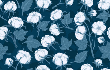 Vector, dark, seamless pattern of cotton flowers. Branches made of soft cotton with leaves are suitable for fabric, textiles, clothing, web pages, wallpapers, backgrounds