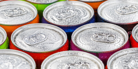 Drinks lemonade cola drink softdrinks in cans panorama