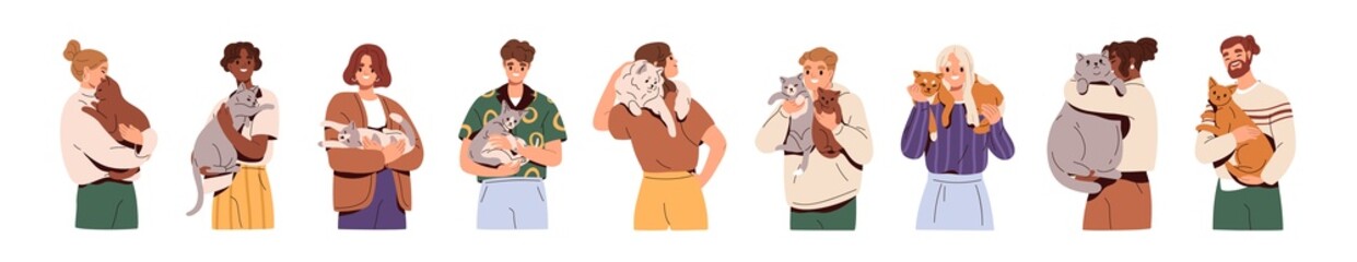 People holding cute cats set. Happy men and women with lovely kitties in hands. Pet owners portraits with adorable pretty feline animals. Flat vector illustration isolated on white background