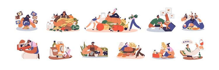 People with food concepts, eat, order and take photo. Culinary critics and foodies at tastings, barista with coffee and experts with organic products. Flat vector illustrations isolated on white
