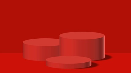 red product background stand or podium pedestal on empty display with red background. 3D rendering