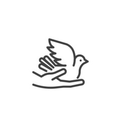 Hands holding dove line icon