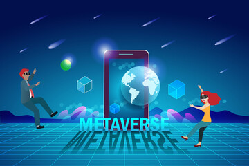 Metaverse, virtual reality technology, user interface 3D experience with smartphone and digital devices. Man and woman with VR headset glass online connecting to virtual space and universe.