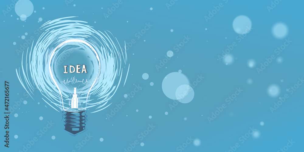 Poster Creative wide blue light bulb sketch on blurry bokeh background with mock up place for your advertisement. Idea, innovation and success concept. 3D Rendering.